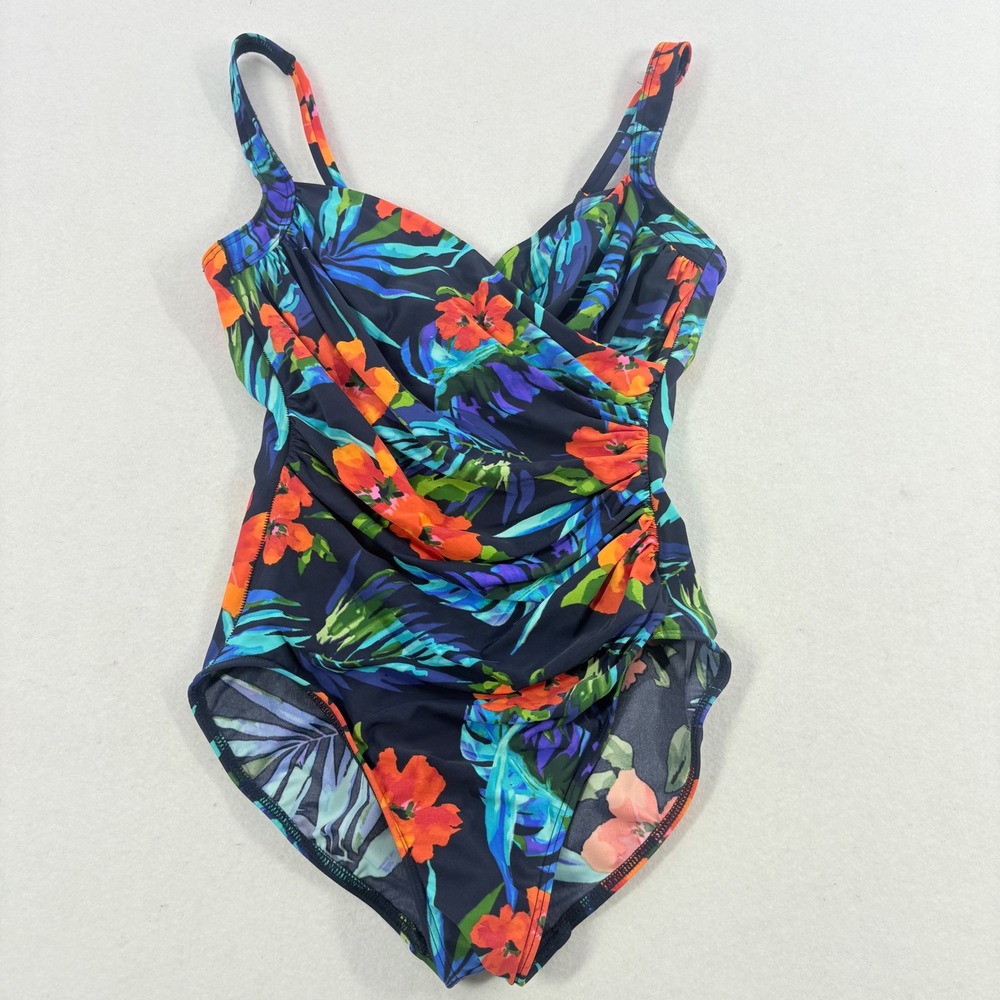 Miraclesuit Tropical One Piece Swimsuit Women 10 Navy Blue Ruched Slimming